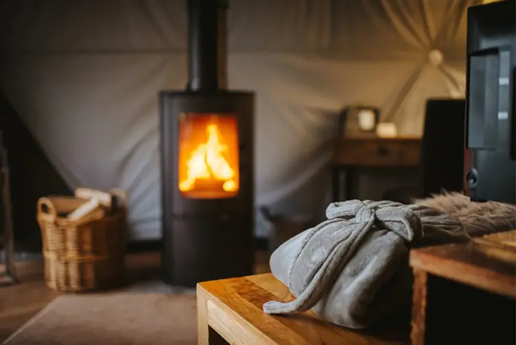 Fireplace inside luxury dome at The Harbors