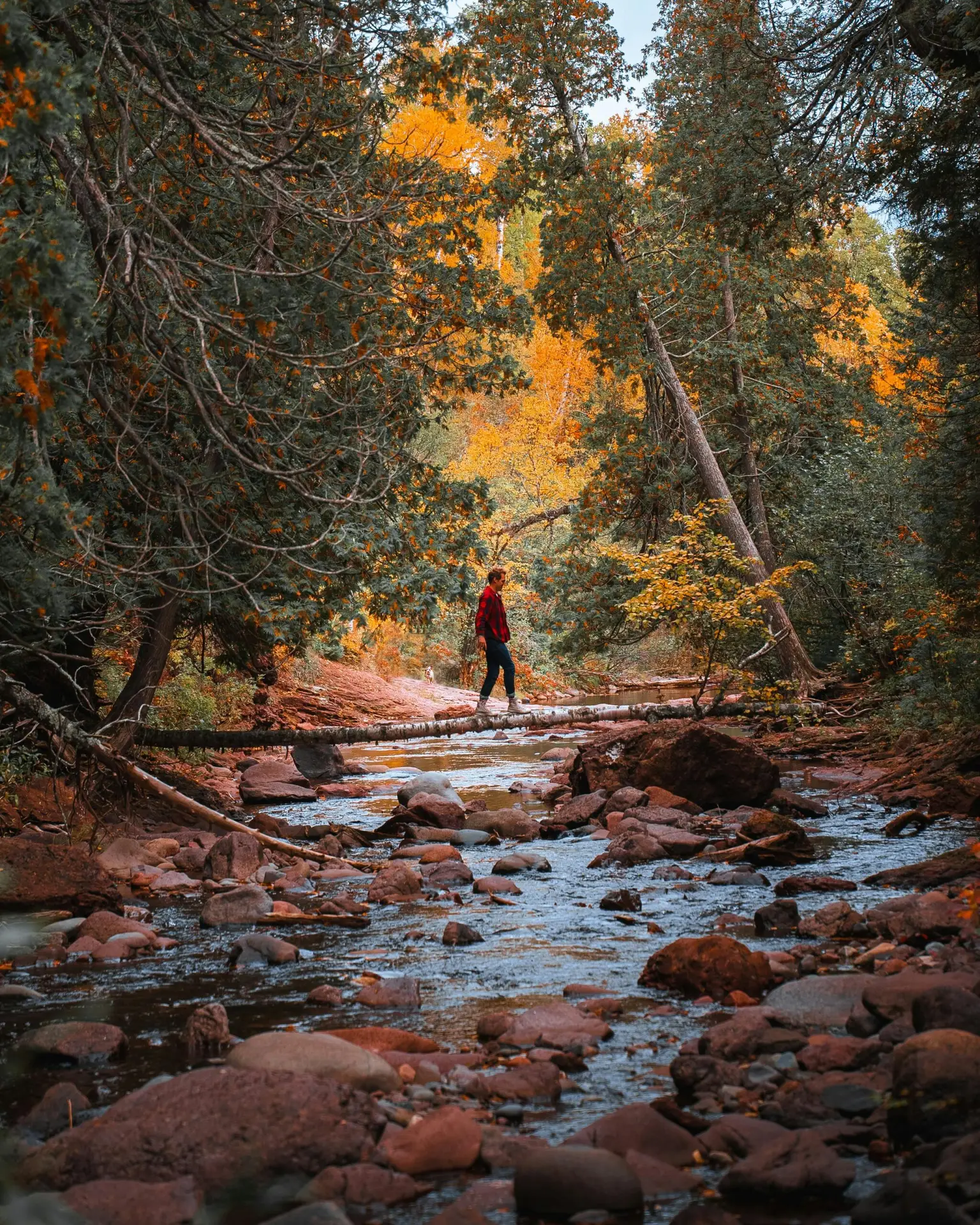 Hiking across a creek on Minnesota North Shore