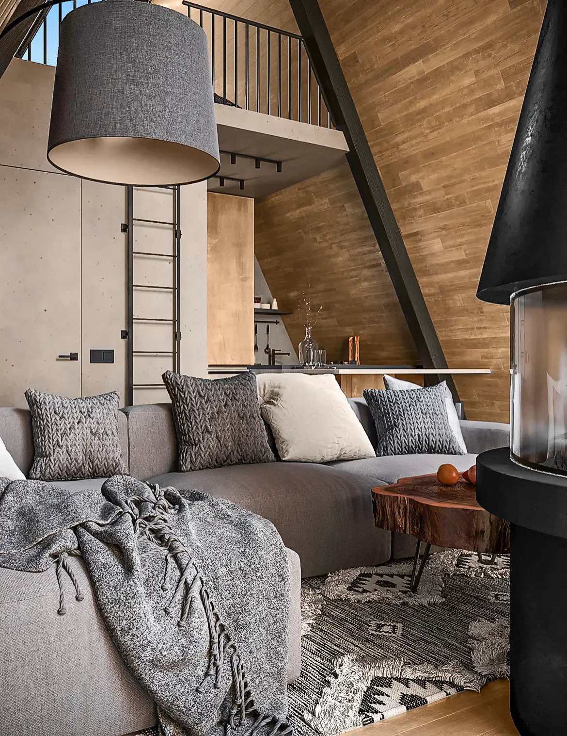Interior living space inside A-Frame cabin